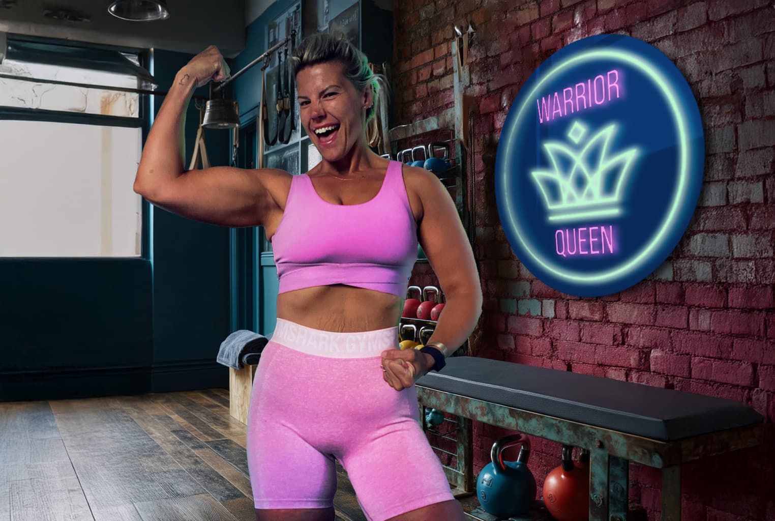 Charli Tucker smiling and flexing in her gym